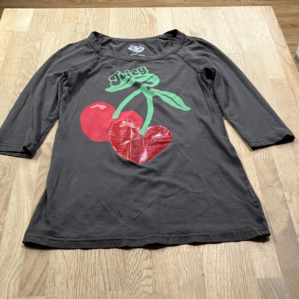 Vintage Y2K Juicy Couture women’s Cherry 3/4 Sleeve Tee - Dark Gray Size:S
